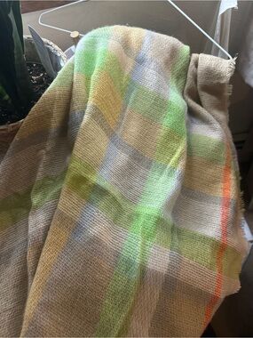 Oversized Plaid Scarf Lime Green Tan Gray Orange Fringe Blanket Wrap